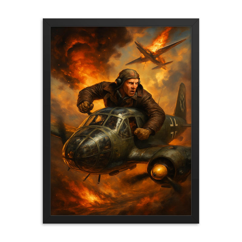Mikhail Devyatayev stealing a Luftwaffe bomber framed print on a plain backdrop in size 18