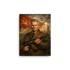 Mikhail Kalashnikov as stern Soviet era portrait canvas print on a plain backdrop in size 12"x16".