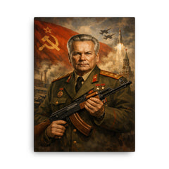 Mikhail Kalashnikov as stern Soviet era portrait canvas print on a plain backdrop in size 18"x24".