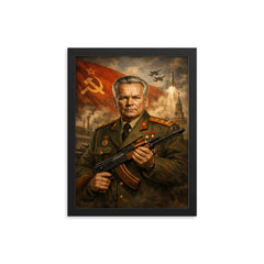 Mikhail Kalashnikov as stern Soviet era portrait framed print on a plain backdrop in size 12"x16".