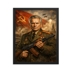 Mikhail Kalashnikov as stern Soviet era portrait framed print on a plain backdrop in size 16"x20".