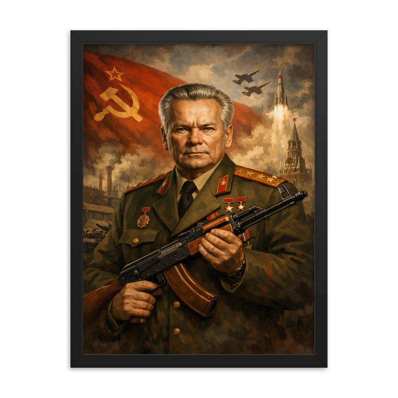 Mikhail Kalashnikov as stern Soviet era portrait framed print on a plain backdrop in size 18