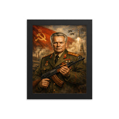 Mikhail Kalashnikov as stern Soviet era portrait framed print on a plain backdrop in size 8"x10".