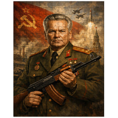 Mikhail Kalashnikov as stern Soviet era portrait jigsaw puzzle