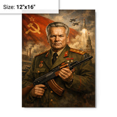 Mikhail Kalashnikov as stern Soviet era portrait metal print on a plain backdrop in size 12"x16".