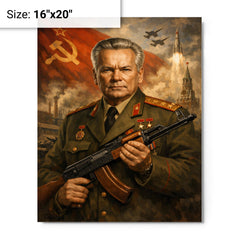 Mikhail Kalashnikov as stern Soviet era portrait metal print on a plain backdrop in size 16"x20".