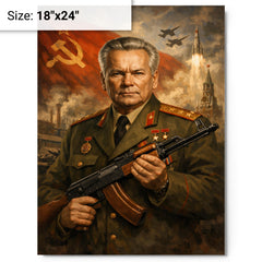 Mikhail Kalashnikov as stern Soviet era portrait metal print on a plain backdrop in size 18"x24".