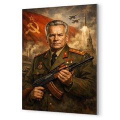 Mikhail Kalashnikov as stern Soviet era portrait metal print mockup