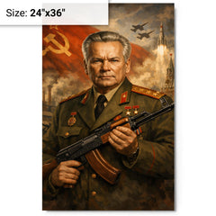 Mikhail Kalashnikov as stern Soviet era portrait metal print on a plain backdrop in size 24"x36".