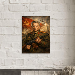 Mikhail Kalashnikov as stern Soviet era portrait metal print mockup