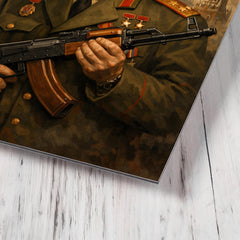 Mikhail Kalashnikov as stern Soviet era portrait metal print mockup