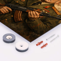 Mikhail Kalashnikov as stern Soviet era portrait metal print mockup