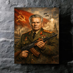 Mikhail Kalashnikov as stern Soviet era portrait metal print mockup
