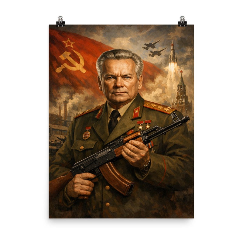 Mikhail Kalashnikov as stern Soviet era portrait poster on a plain backdrop in size 8