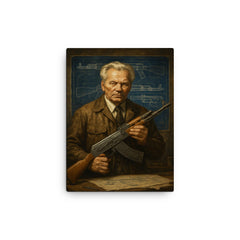 Mikhail Kalashnikov blueprint workshop portrait canvas print on a plain backdrop in size 12"x16".