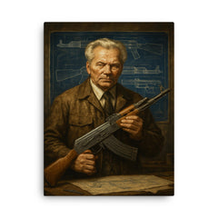 Mikhail Kalashnikov blueprint workshop portrait canvas print on a plain backdrop in size 18"x24".