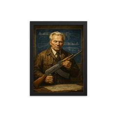 Mikhail Kalashnikov blueprint workshop portrait framed print on a plain backdrop in size 12"x16".
