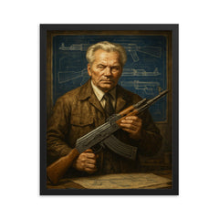 Mikhail Kalashnikov blueprint workshop portrait framed print on a plain backdrop in size 16"x20".