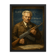 Mikhail Kalashnikov blueprint workshop portrait framed print on a plain backdrop in size 18"x24".