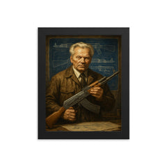 Mikhail Kalashnikov blueprint workshop portrait framed print on a plain backdrop in size 8"x10".