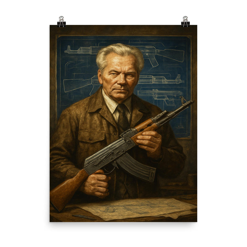 Mikhail Kalashnikov blueprint workshop portrait poster on a plain backdrop in size 8