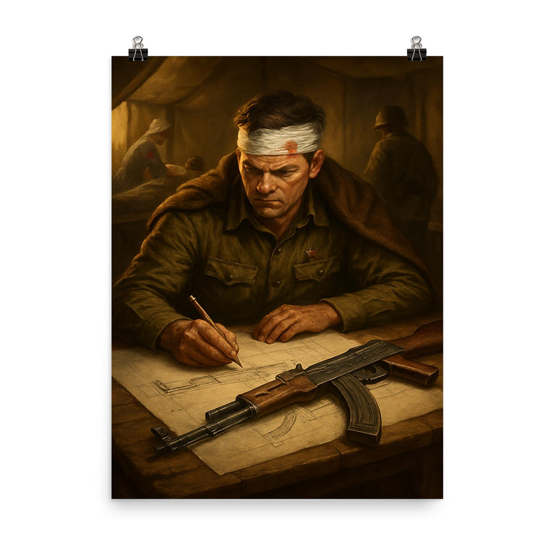 Mikhail Kalashnikov sketching rifle blueprints in field hospital poster on a plain backdrop in size 8