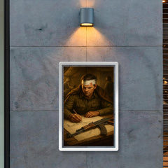 Mikhail Kalashnikov sketching rifle blueprints in field hospital poster 2