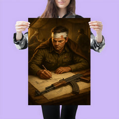 Mikhail Kalashnikov sketching rifle blueprints in field hospital poster 3
