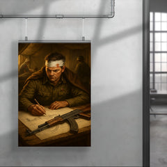 Mikhail Kalashnikov sketching rifle blueprints in field hospital poster 4
