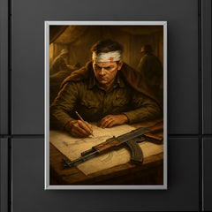 Mikhail Kalashnikov sketching rifle blueprints in field hospital poster 5
