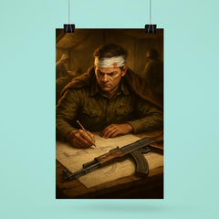 Mikhail Kalashnikov sketching rifle blueprints in field hospital poster 6