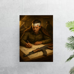 Mikhail Kalashnikov sketching rifle blueprints in field hospital poster 7