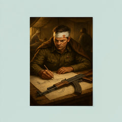 Mikhail Kalashnikov sketching rifle blueprints in field hospital poster 8