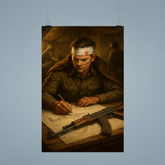Mikhail Kalashnikov sketching rifle blueprints in field hospital poster 9