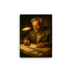 Mikhail Kalashnikov sketching rifle by lamplight canvas print on a plain backdrop in size 12"x16".