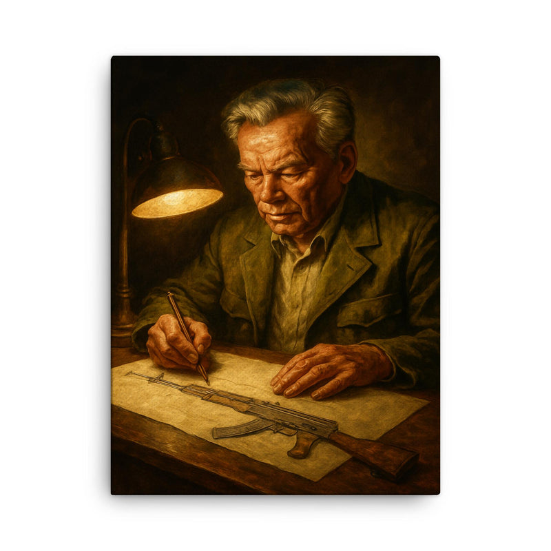 Mikhail Kalashnikov sketching rifle by lamplight canvas print on a plain backdrop in size 18