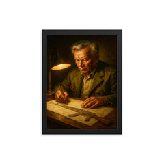 Mikhail Kalashnikov sketching rifle by lamplight framed print on a plain backdrop in size 12"x16".