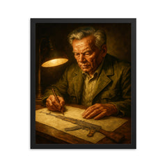 Mikhail Kalashnikov sketching rifle by lamplight framed print on a plain backdrop in size 16"x20".