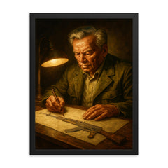 Mikhail Kalashnikov sketching rifle by lamplight framed print on a plain backdrop in size 18"x24".