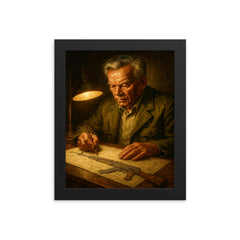 Mikhail Kalashnikov sketching rifle by lamplight framed print on a plain backdrop in size 8"x10".