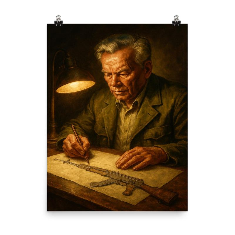 Mikhail Kalashnikov sketching rifle by lamplight poster on a plain backdrop in size 8