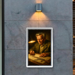 Mikhail Kalashnikov sketching rifle by lamplight poster 2