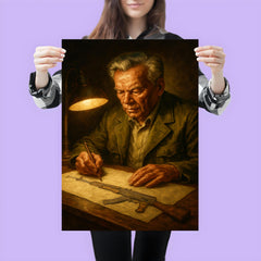Mikhail Kalashnikov sketching rifle by lamplight poster 3
