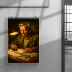 Mikhail Kalashnikov sketching rifle by lamplight poster 4