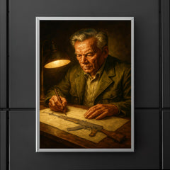 Mikhail Kalashnikov sketching rifle by lamplight poster 5