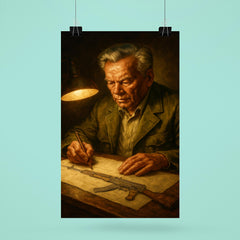 Mikhail Kalashnikov sketching rifle by lamplight poster 6