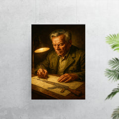 Mikhail Kalashnikov sketching rifle by lamplight poster 7