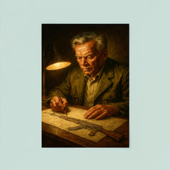 Mikhail Kalashnikov sketching rifle by lamplight poster 8