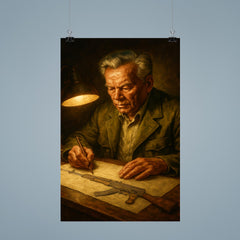 Mikhail Kalashnikov sketching rifle by lamplight poster 9