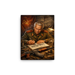 Mikhail Kalashnikov sketching rifle mechanisms in notebook canvas print on a plain backdrop in size 12"x16".